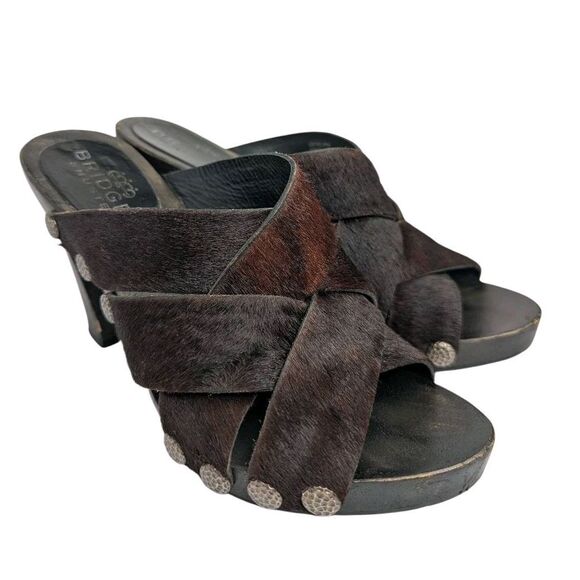 Vintage Y2K Bridget Shuster Brown calf Hair Leather Wood Platform Heel Womens 6 - Picture 2 of 9